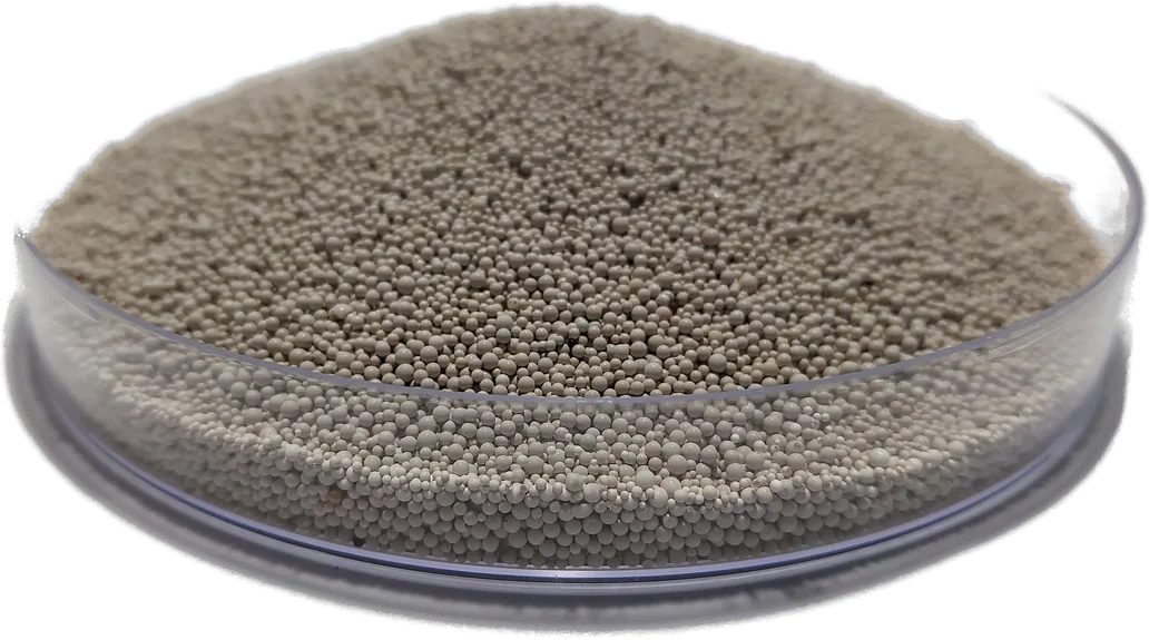Pale HIX-Nano 200+ fluoride removal resin beads heaped in a laboratory dish.