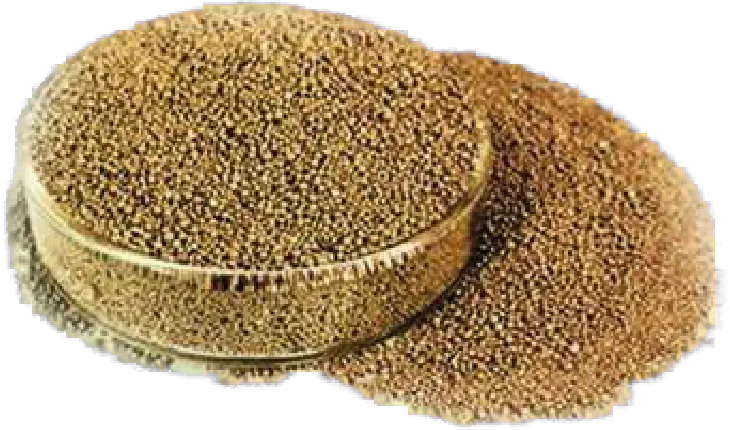 Golden-brown HIX 100+ iron removal resin beads heaped in a laboratory dish.