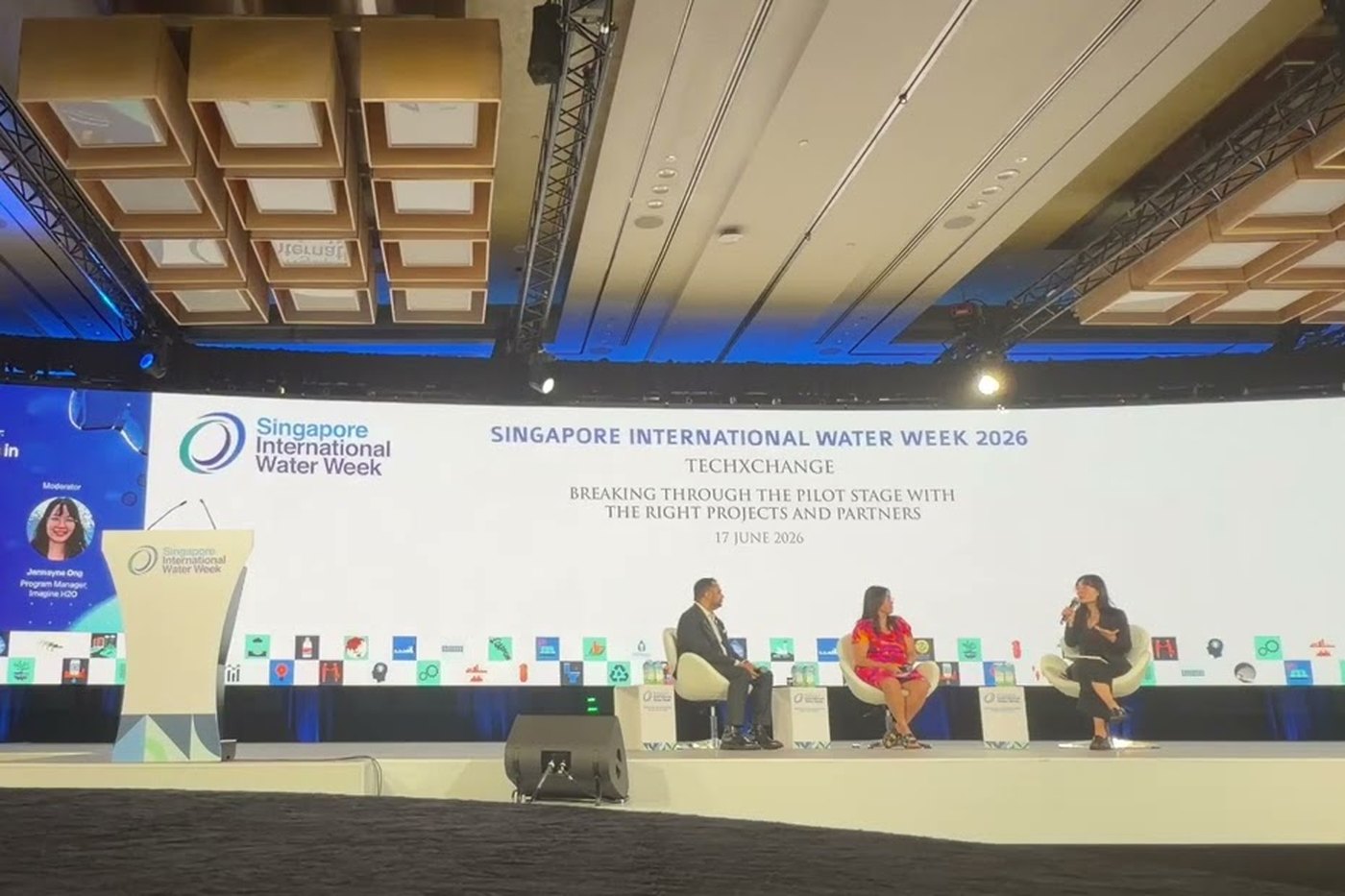 Minhaj Chowdhury of Drinkwell, Maria Tran of the Asian Development Bank and moderator Jennayne Ong of Imagine H2O on stage at Singapore International Water Week 2026.